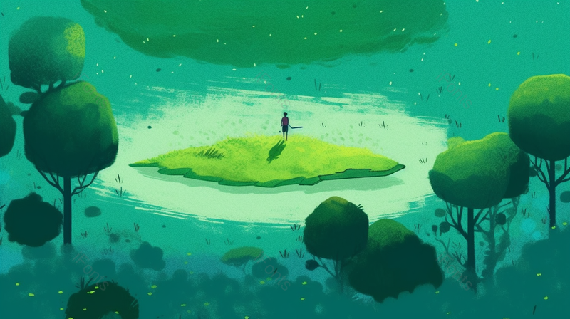 绿色春季夏季树林中一个人站在河流中一个草坪小岛上插画,插画/手绘图,插画/手绘图库,插画/手绘图下载,插画/手绘